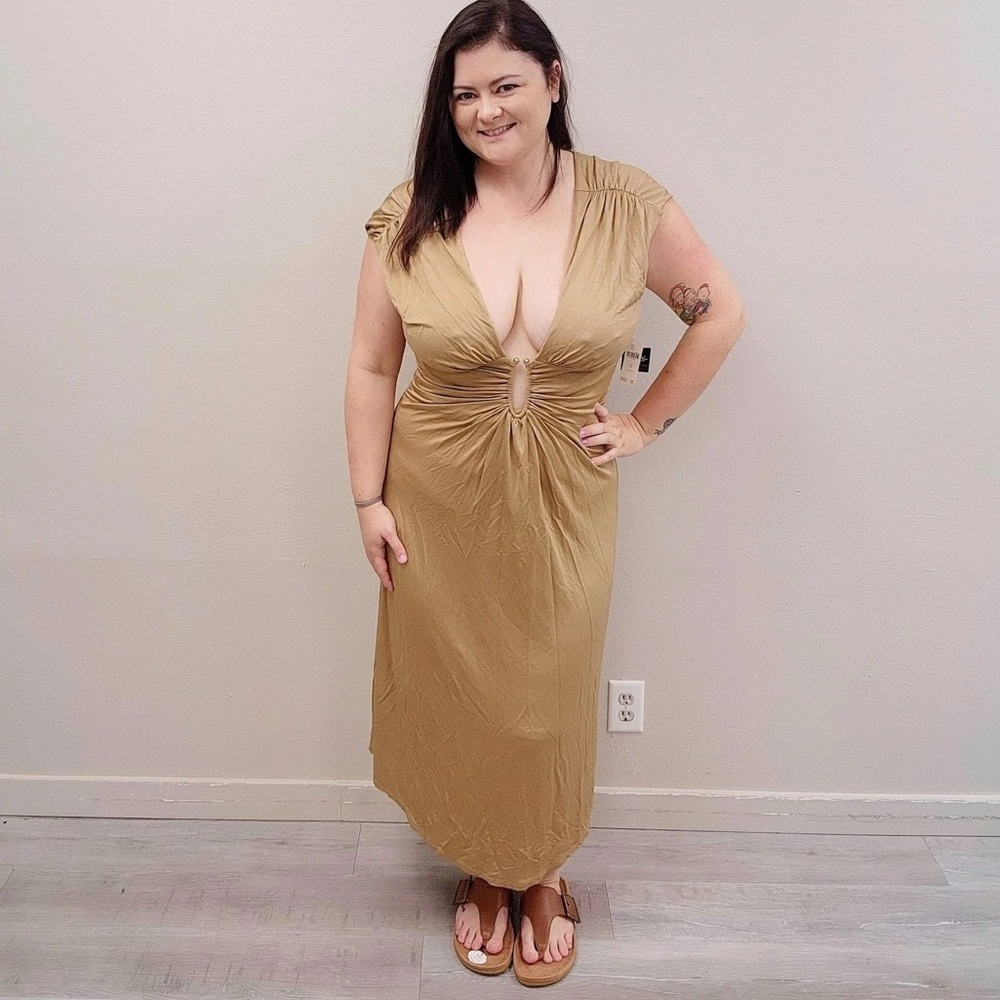 Anthropologie Camel V-Neck Ring Midi Dress - New - Size 1X
